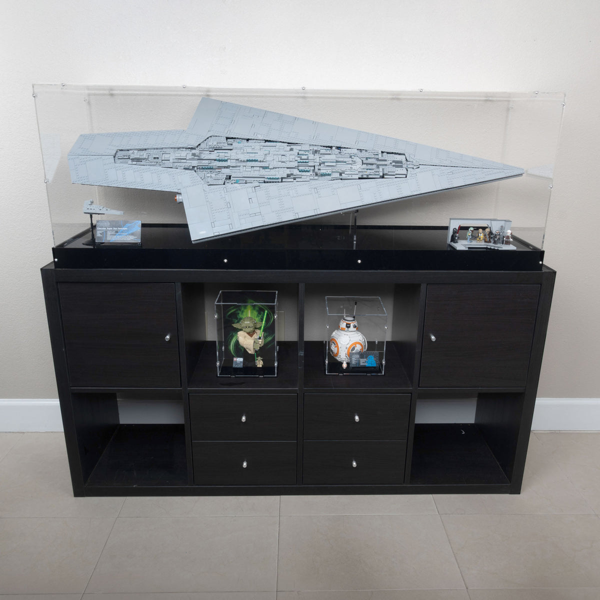 Angled view of the LEGO Executor Super Star Destroyer Special Edition display case on IKEA KALLAX shelving
