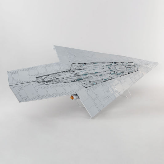 Side view of the clear acrylic angled stand displaying the LEGO 75457 Executor Super Star Destroyer