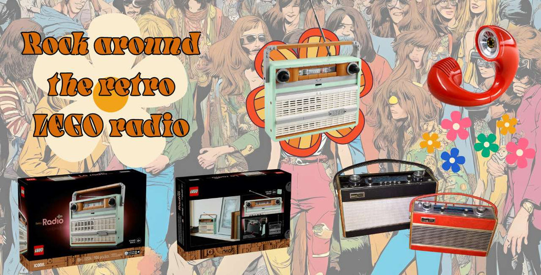 picture of a LEGO retro radio and some radios from the 1970s.