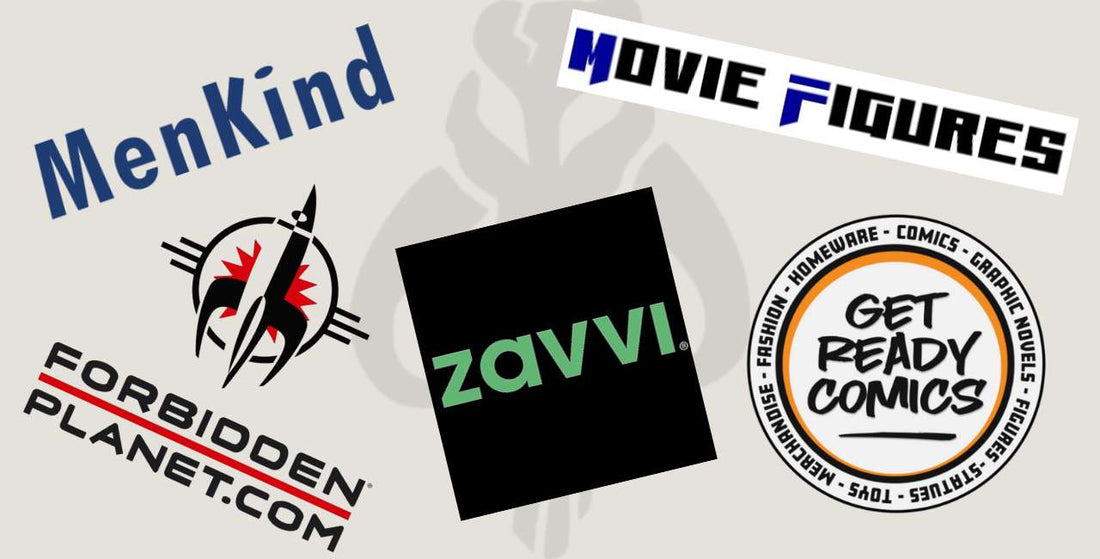 Logos of stores that sell Mandalorian merchandise
