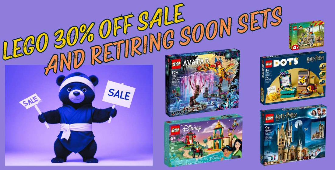 ninja bear holding sale flags and pictures of some LEGO boxes