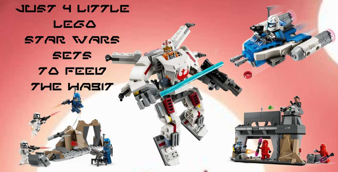 picture of LEGO mandalorian sets in front of reddish sky