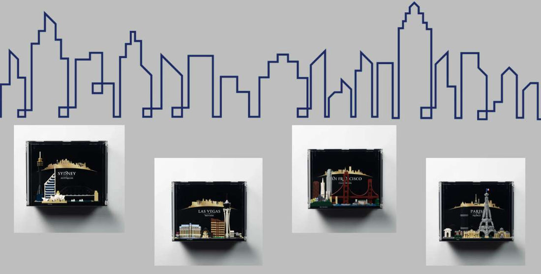 LEGO Architecture sets in wall mounted acrylic display cases