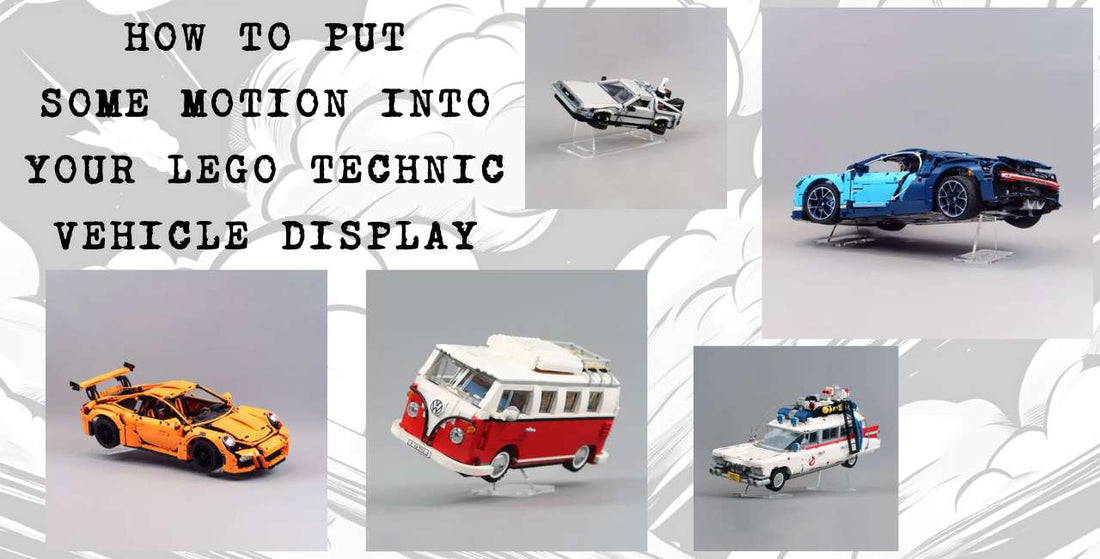 picture of LEGO vehicles on cl;ear acrylic display stands