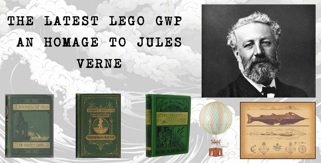 photograph of Jules Verne and his books, hot air balloon and Nautilus