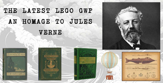 photograph of Jules Verne and his books, hot air balloon and Nautilus