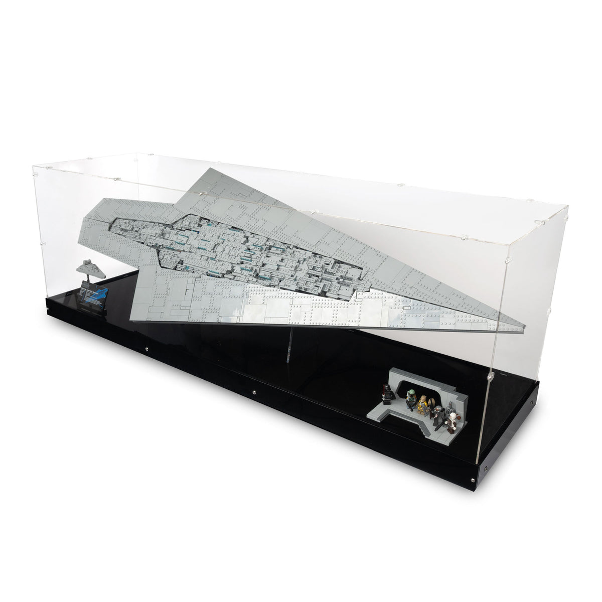 Reverse-angle view of the LEGO Executor Super Star Destroyer in a clear display case with black base and model accessories