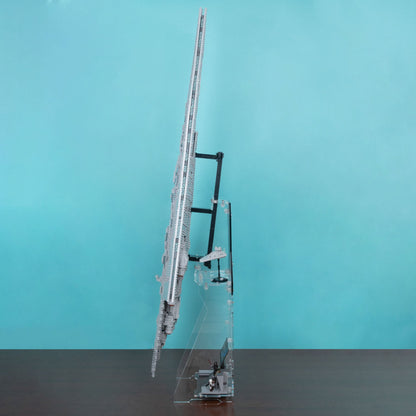 A detailed star wars lego 75457 model on a clear acrylic stand with support arms, set against a solid turquoise background.