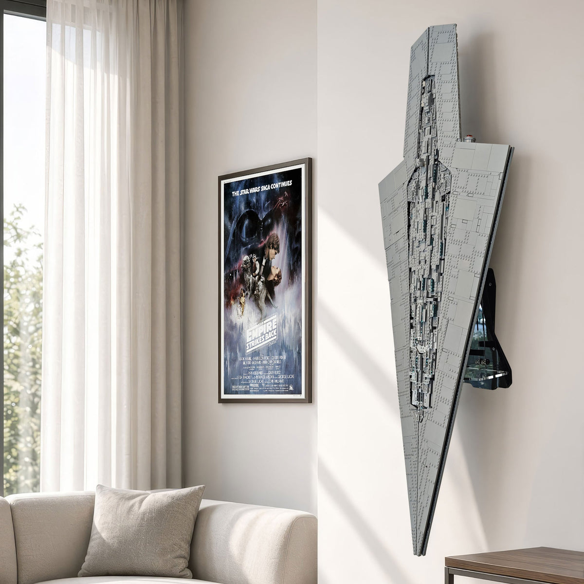 75457 lego large gray Star Destroyer wall art piece mounted on a beige wall in a modern living room setting.