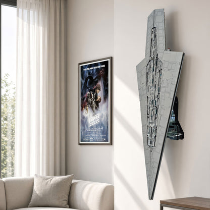 75457 lego large gray Star Destroyer wall art piece mounted on a beige wall in a modern living room setting.