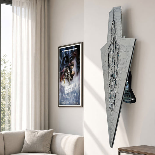 75457 lego large gray Star Destroyer wall art piece mounted on a beige wall in a modern living room setting.