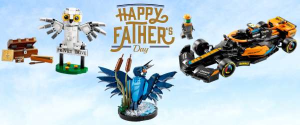 picture of some LEGO sets and a happy fathers day badge