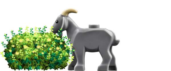 LEGO goat edging a hedge