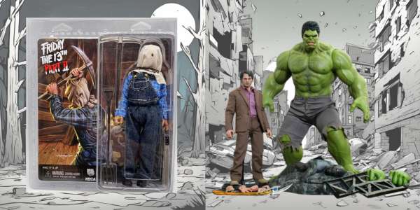 NECA Jason Vorhees figure with sack hood and Not Toys Bruce Banner and Hulk figures