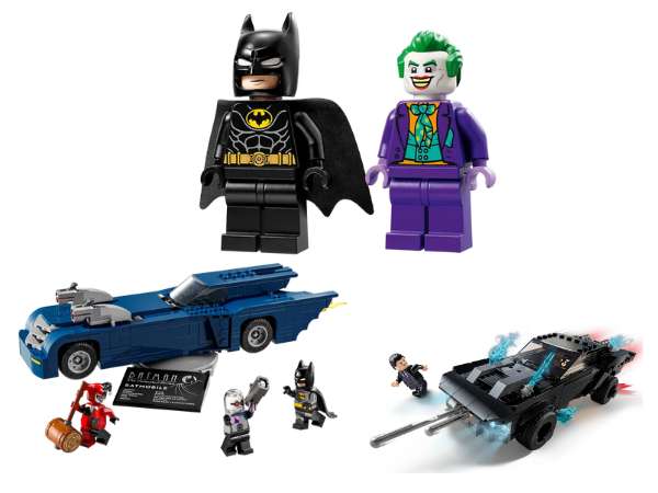 LEGO batman and Joker minifigures and 2 LEGO Batmobiles