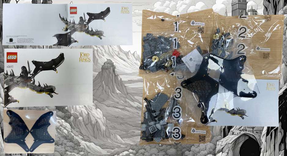 picture of LEGO instruction booklet, wings and piece bags for LEGO 40693 Fell Beast