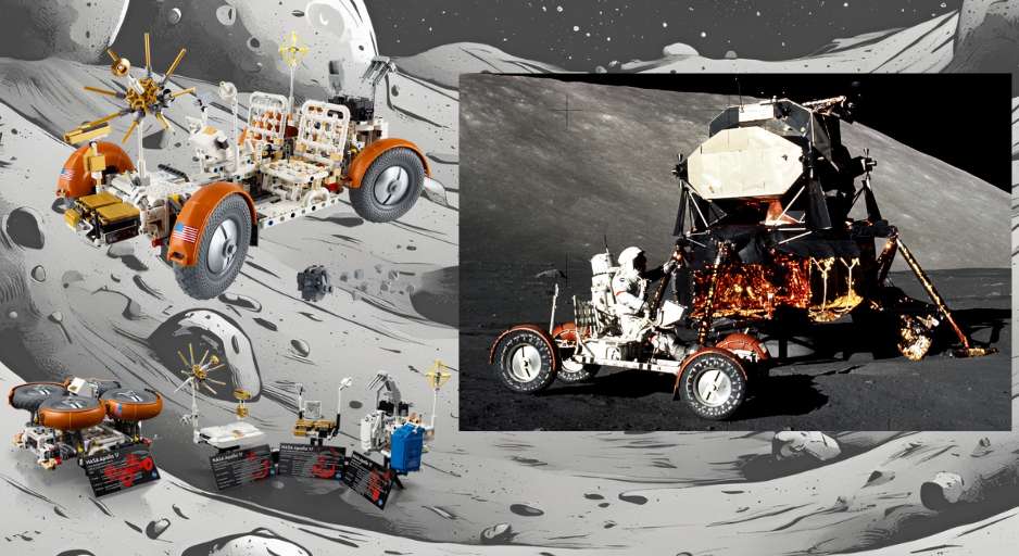 picture of LEGO lunar roving vehicle and the real one onthe moon
