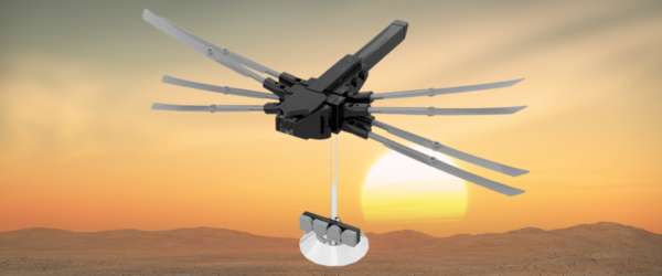 picture of LEGO mini Ornithopter with sunset in the background