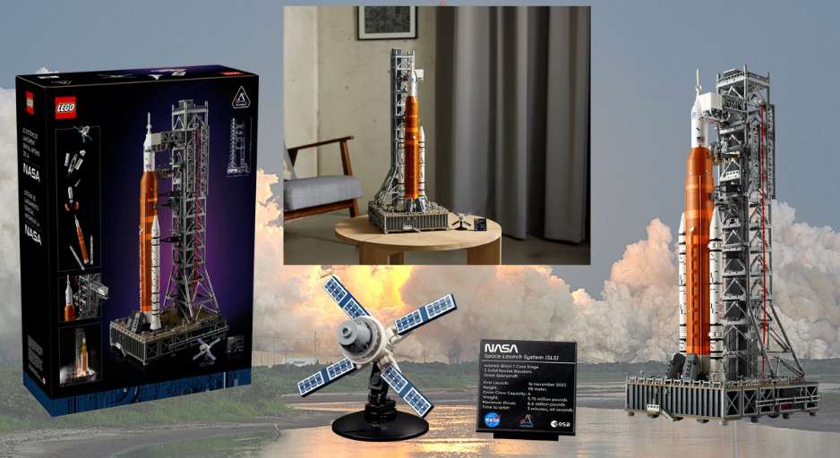 picture of LEGO NASA Artemis Space Launch System and real Artemis launch 