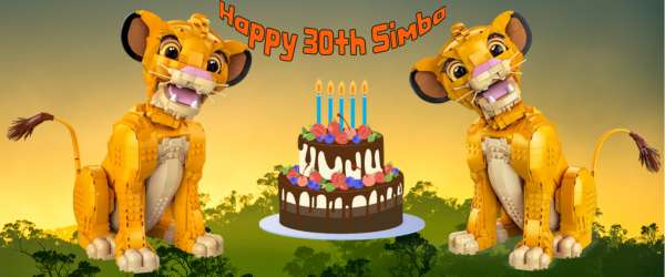 picture of LEGO Young Simba with a birthday cake and birthday banner in a jungle