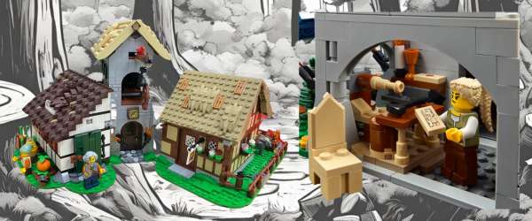 close up of inside the LEGO carpenter's workshop and outside view of LEGO crane and buildings