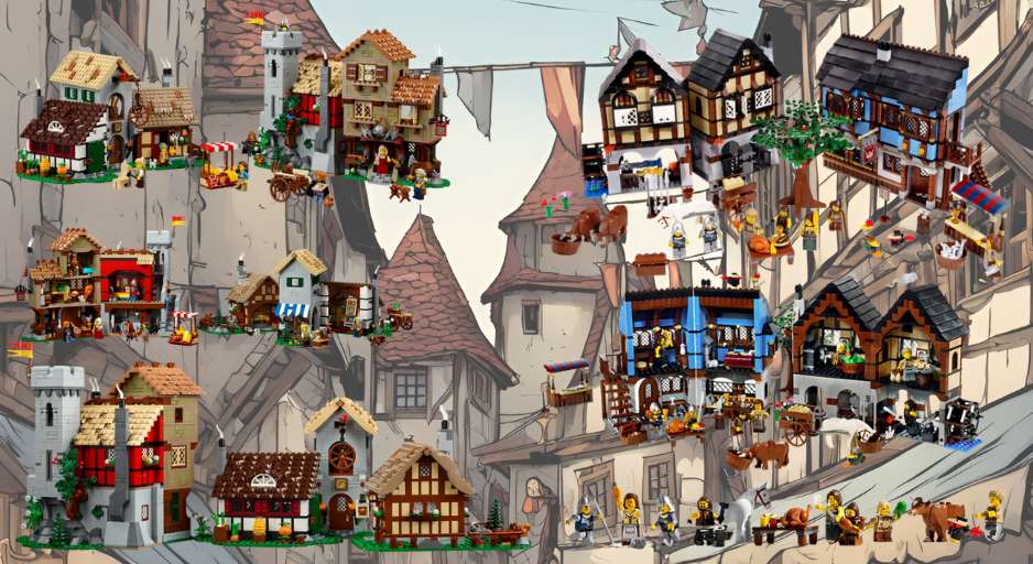 picture of LEGO medieval village and LEGO medieval town square