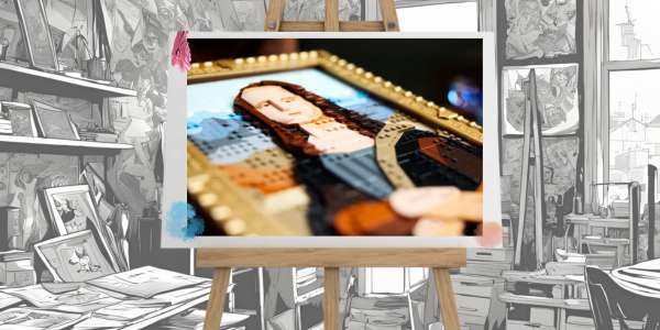 picture of the LEGO Mona Lisa close up on an easel