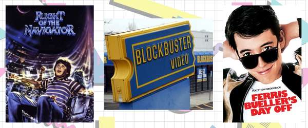 picture of movie posters from 1987 and a Blockbuster sign
