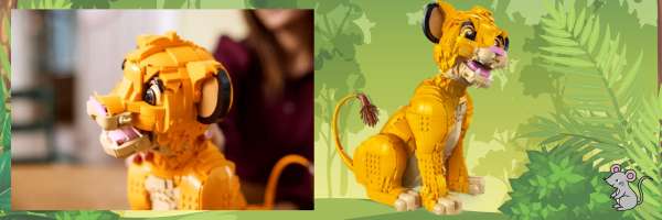 picture of a closeup of LEGO Young Simba's head and Lego Young Simba from the side, a cartoon mouse in the jungle.