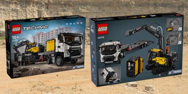 picture of the front and back of the box for the lego technic volvo fmx truck and electric ec230 electric excavator