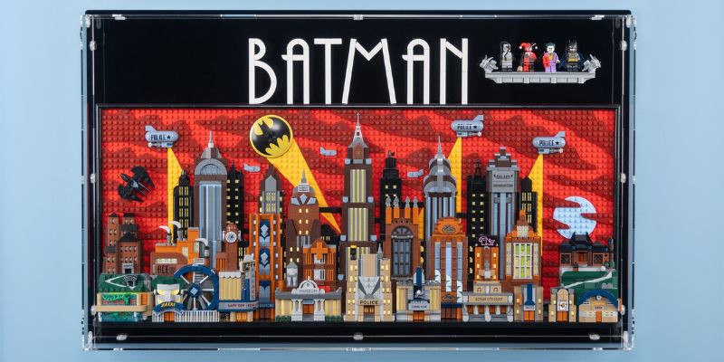 batman gotham city lego set in clear wall cabinet