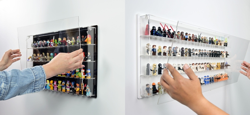 removeable front panel on wall display cabinet for lego