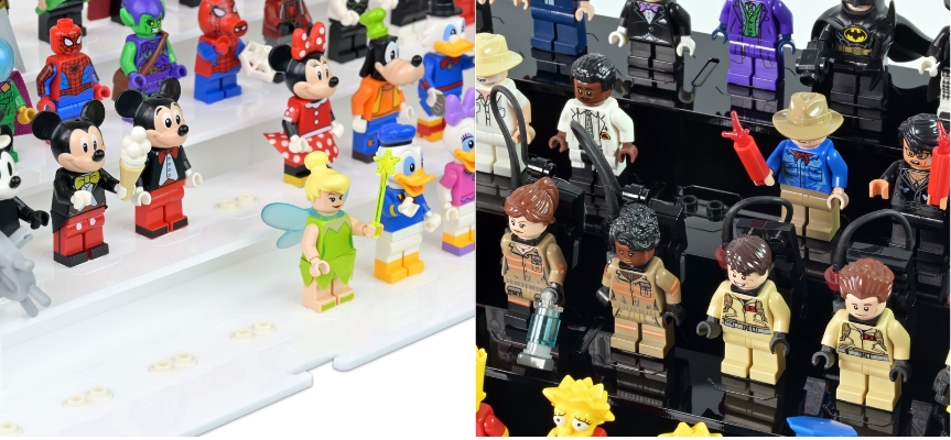 Desktop display cases with tiered lego minifigure plinths