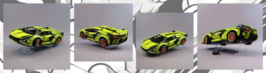 pictures of LEGO Technic cars on acrylic display stands
