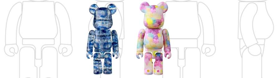 two bearbrick figures one with snowflake pattern and one with pastel colours