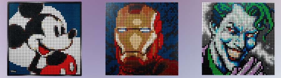picture of LEGO portraits of Mickey Mouse, The Joker and Iron Man