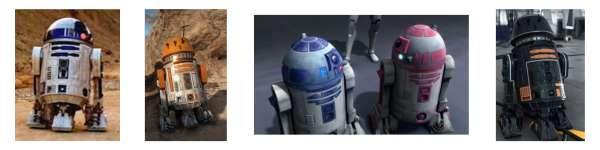 R2-D2, Chopper, QT-Kt and R5-J2 in their roles in the movies/series