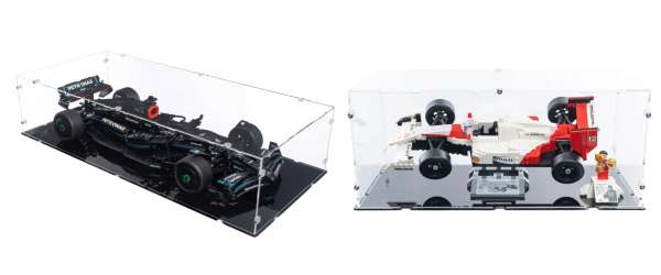 LEGO F1 cars in acrylic display cases