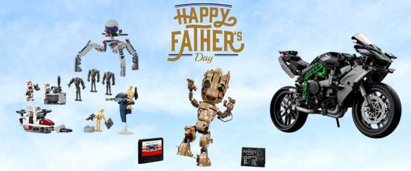 picture of three different LEGO sets and a happy fathers day badge