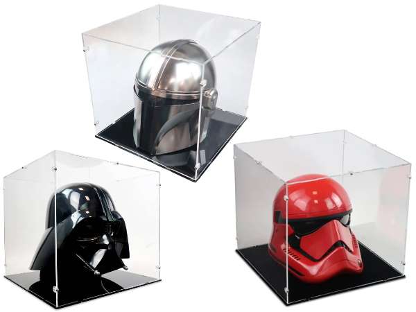 Hasbro Star Wars Black Series helmets in acrylic display cases