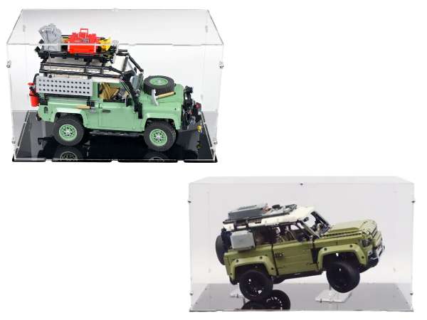 LEGO 4x4 vehicles in acrylic display cases