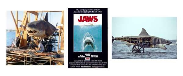 mechanical shark from Jaws and movie poster