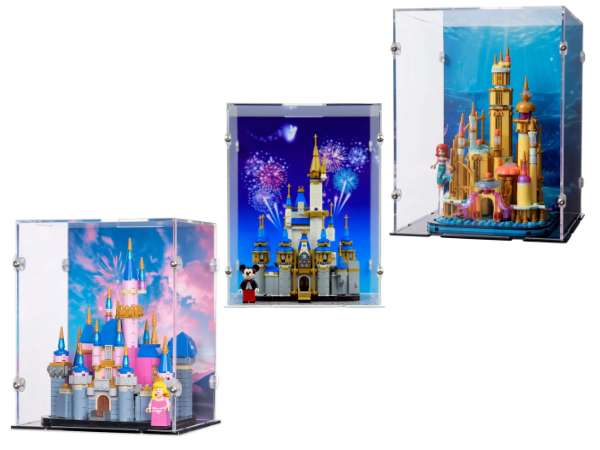 LEGO Mini Disney castles in acrylic display cases