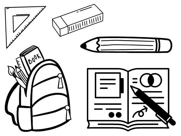 Black and white images of school supplies