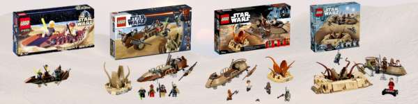 four LEGO renditions of the Desert Skiff and Sarlacc Pit