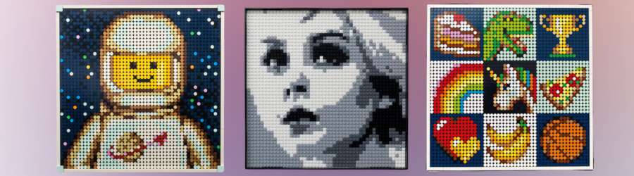 Pictures of LEGO mosaic art and LEGO create your own art